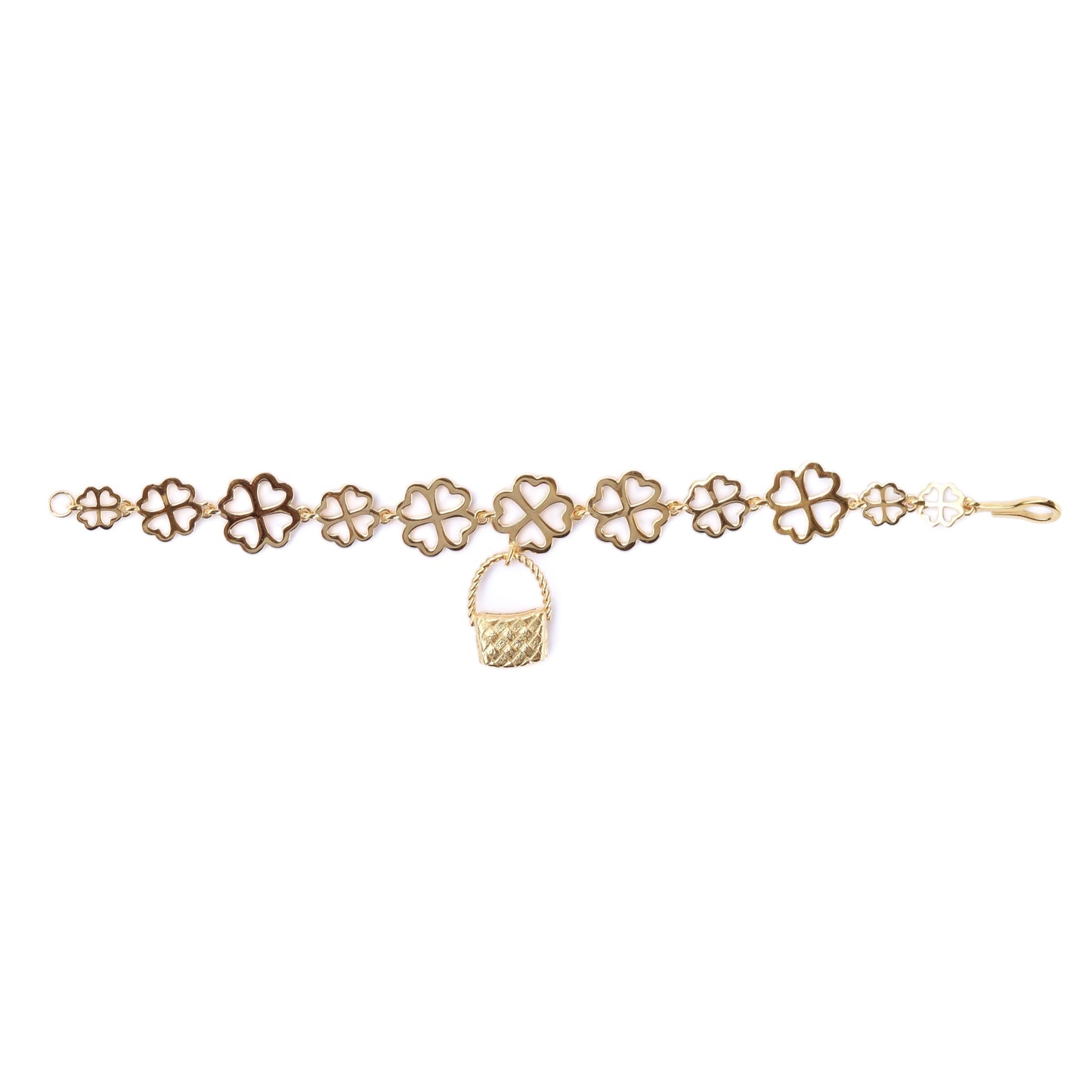 Gold bracelet with floral designs on a white background
