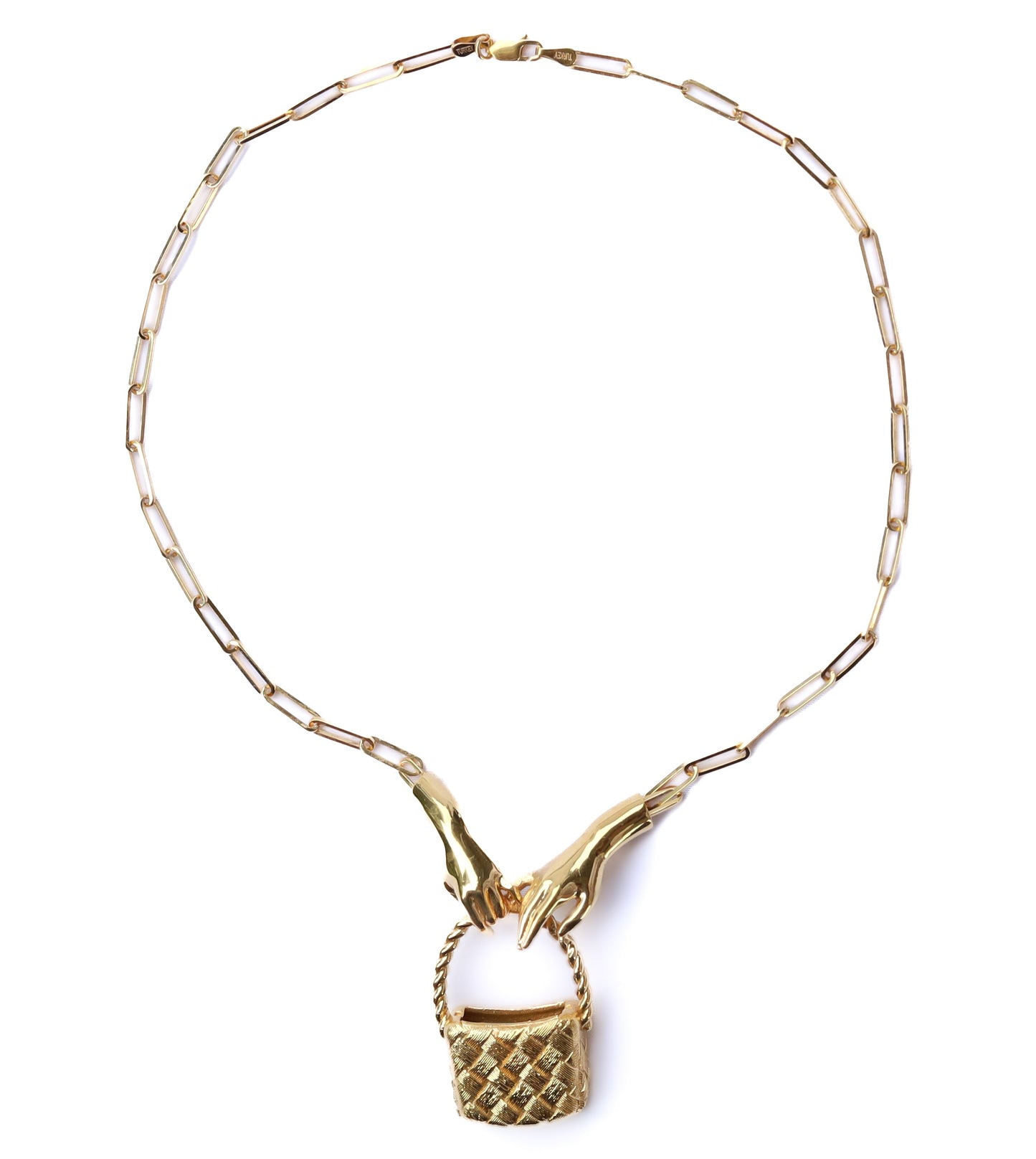 Gold necklace with a basket pendant on a white background