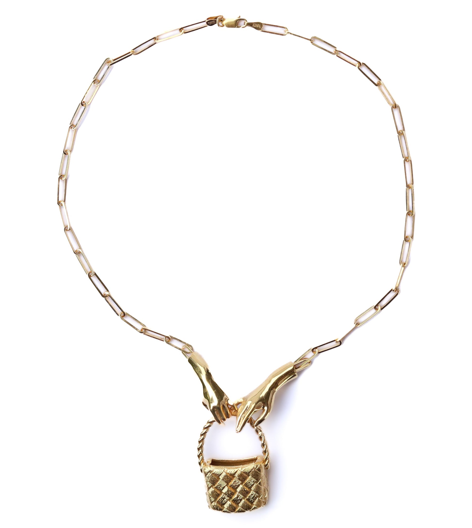 Jenna London Gold necklace with a basket pendant on a white background